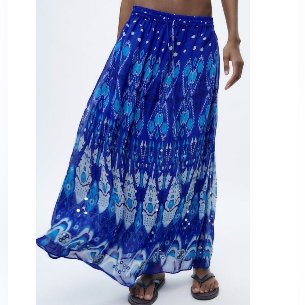 Zara Sequin Embellished Blue Printed Maxi Skirt